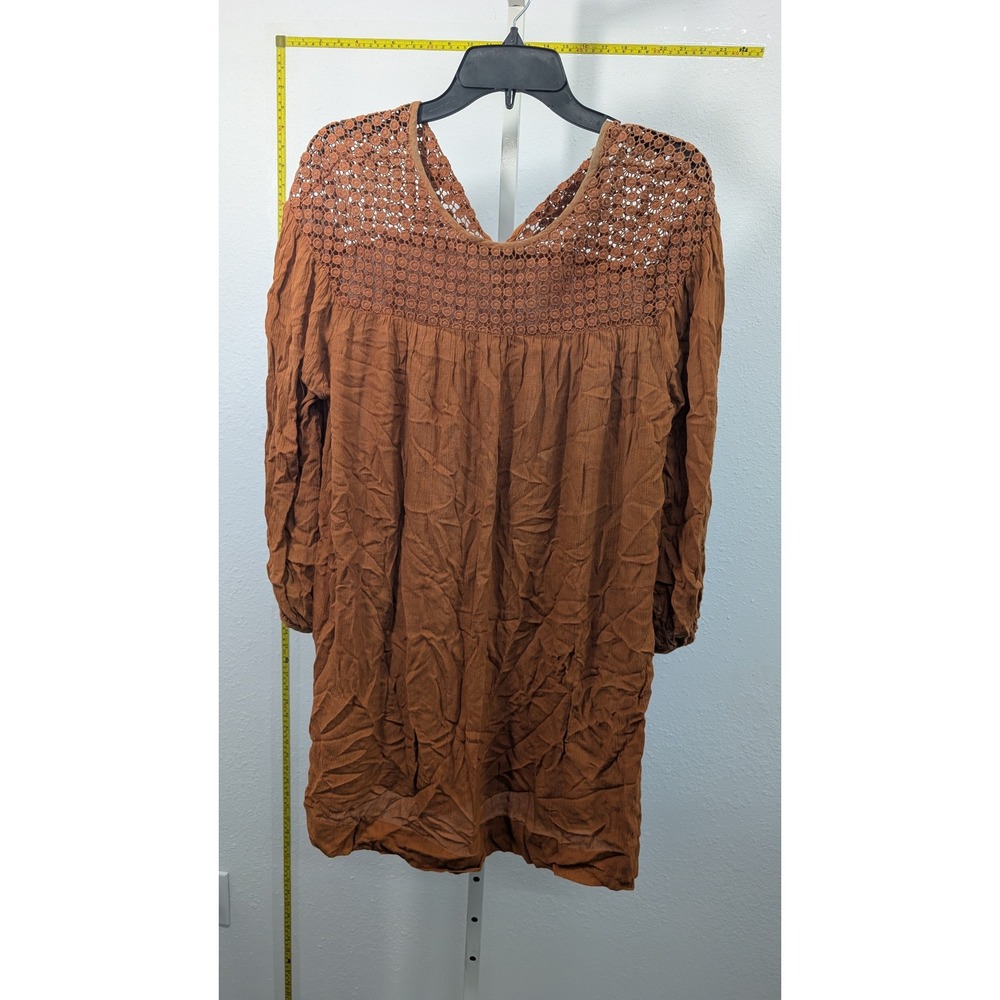 Deby Debo Rust Brown Crochet Lace Boho Mini Dress Tunic Tassel‎ Tie Womens XS